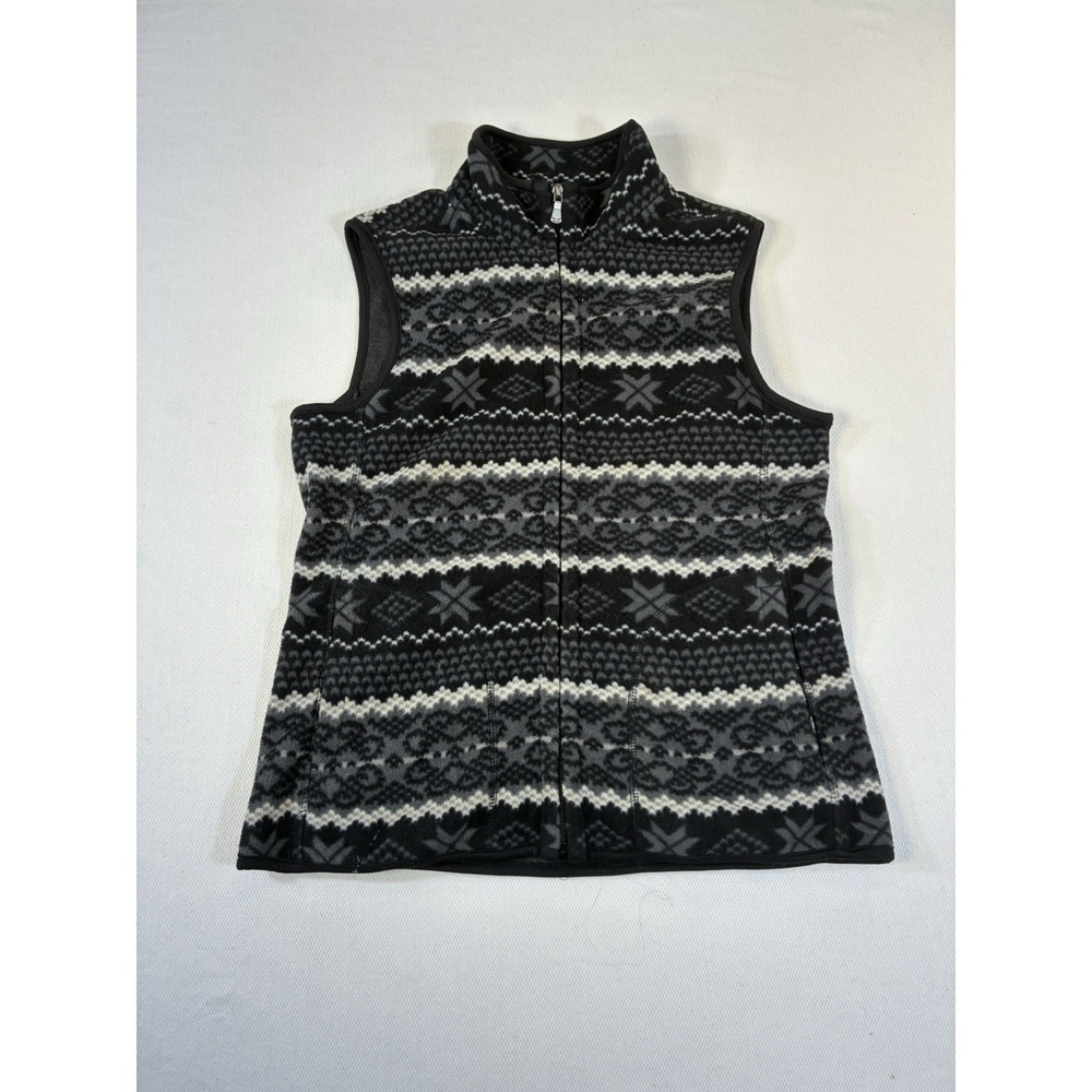 BRITISH KHAKI Women's Fleece Vest‎ Medium Grey Black Fair Isle Nordic Full Zip
